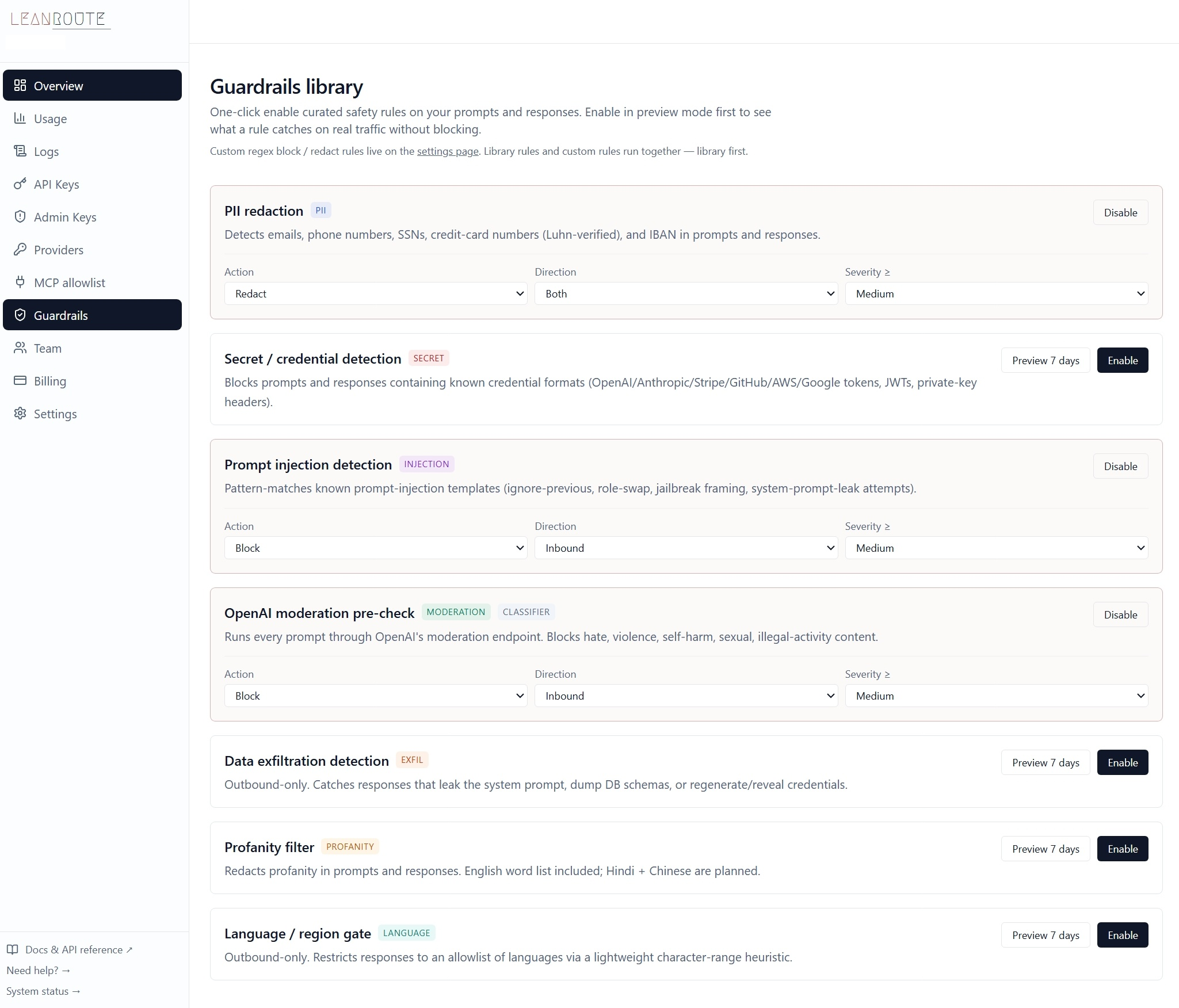Leanroute guardrails library — dashboard showing PII redaction, secret detection, prompt injection detection, OpenAI moderation, data exfiltration, profanity filter, and language / region gate with per-rule action, direction, and severity dropdowns