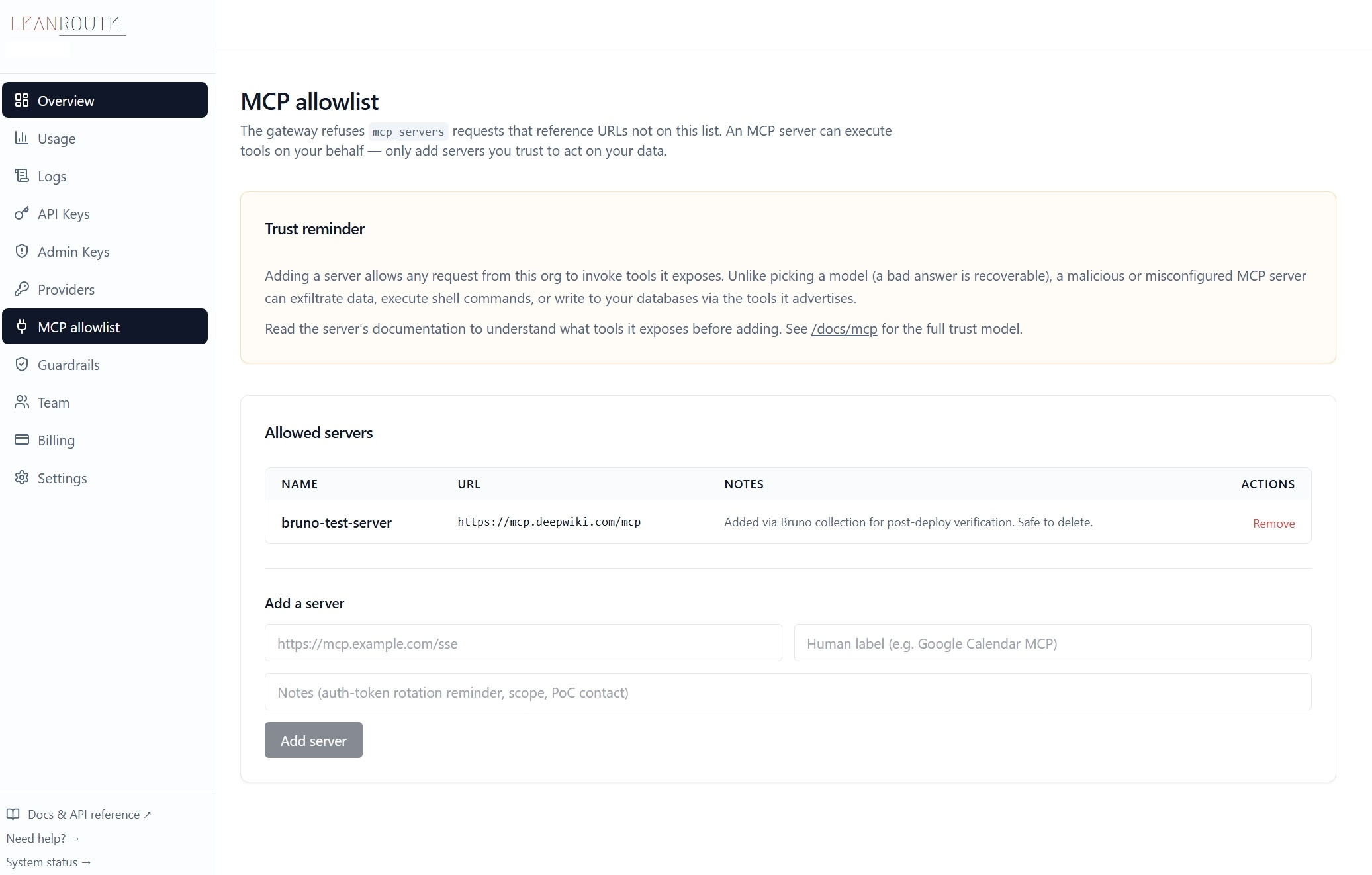Leanroute MCP allowlist dashboard — Trust reminder callout warning that MCP servers can exfiltrate data or execute shell commands, followed by an allowed-servers table and an add-server form